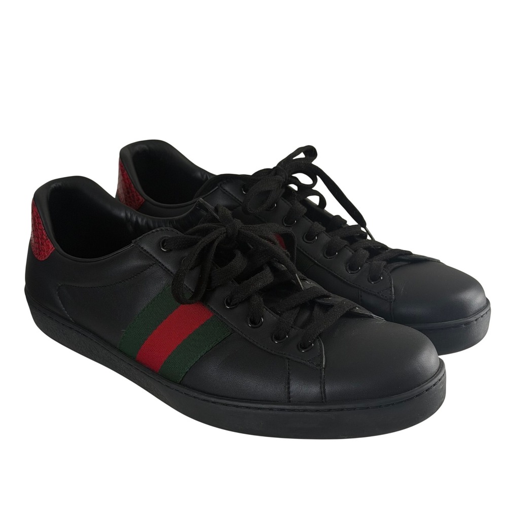 Gucci Ace Black Leather Web Stripe Sneakers Red Snakeskin Heel 386750 w/ Box